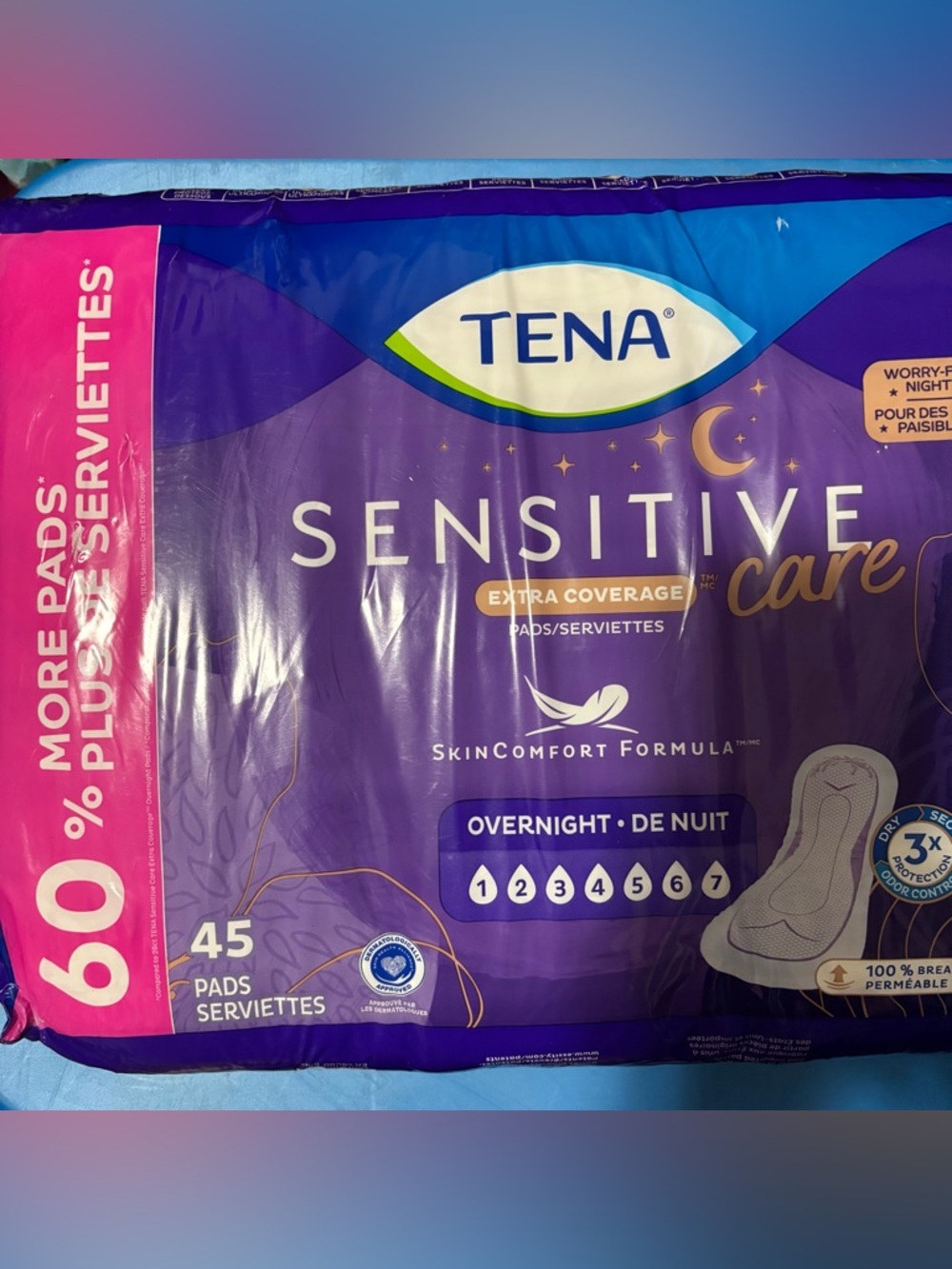 TENA Sensitive Care Extra Coverage Incontinence Pads, Overnight Absorbency 45ct